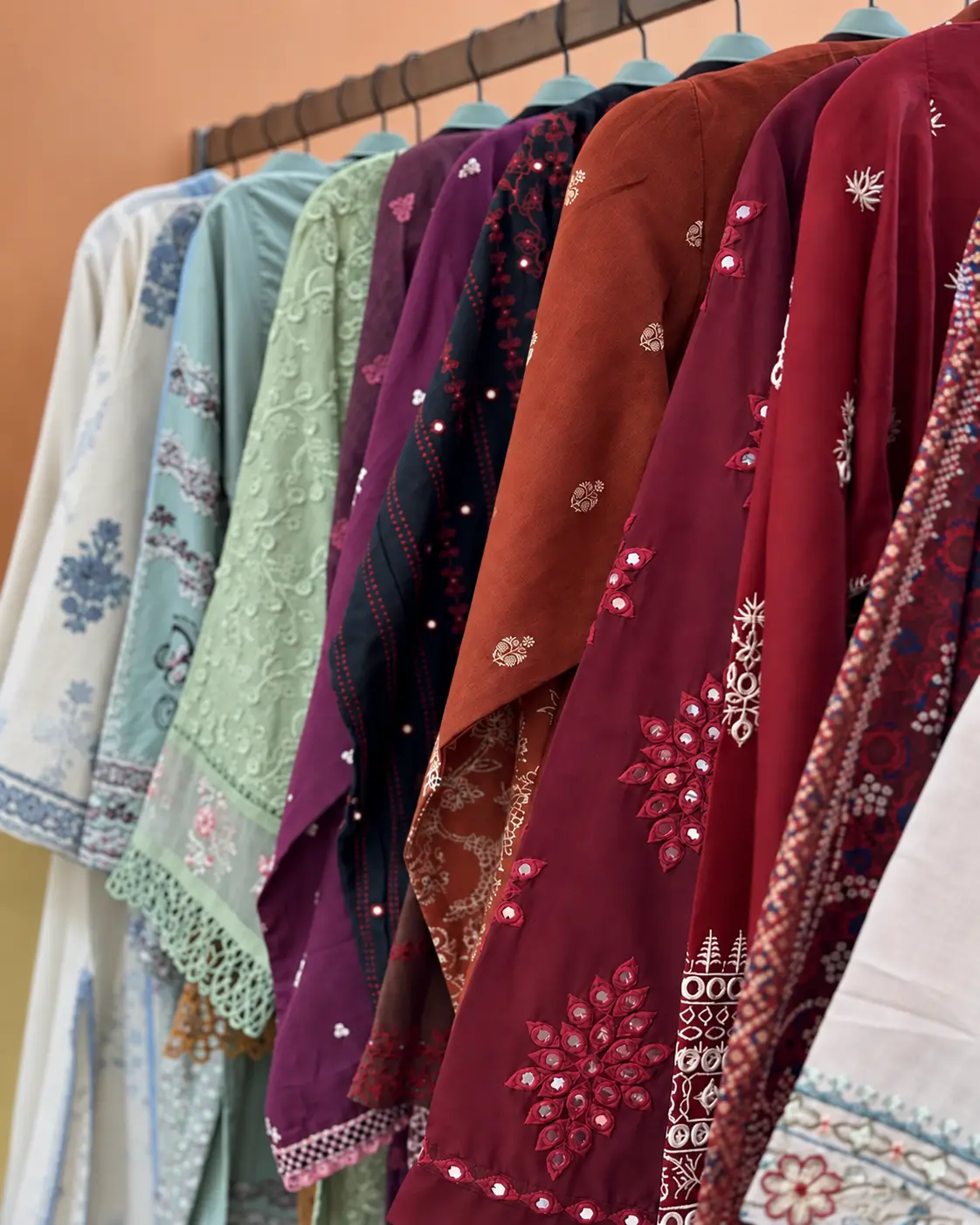 A colorful selection of embroidered Pakistani clothing at Zahra Boutique